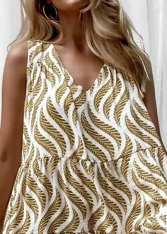 Simple Khaki V Neck Print Cotton Mini Dress Sleeveless