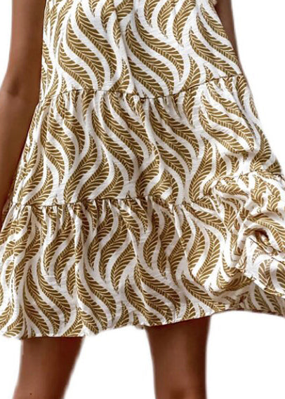 Simple Khaki V Neck Print Cotton Mini Dress Sleeveless