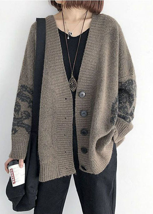 Einfache Khaki V-Ausschnitt Print Strick Lose Strickjacke Frühling