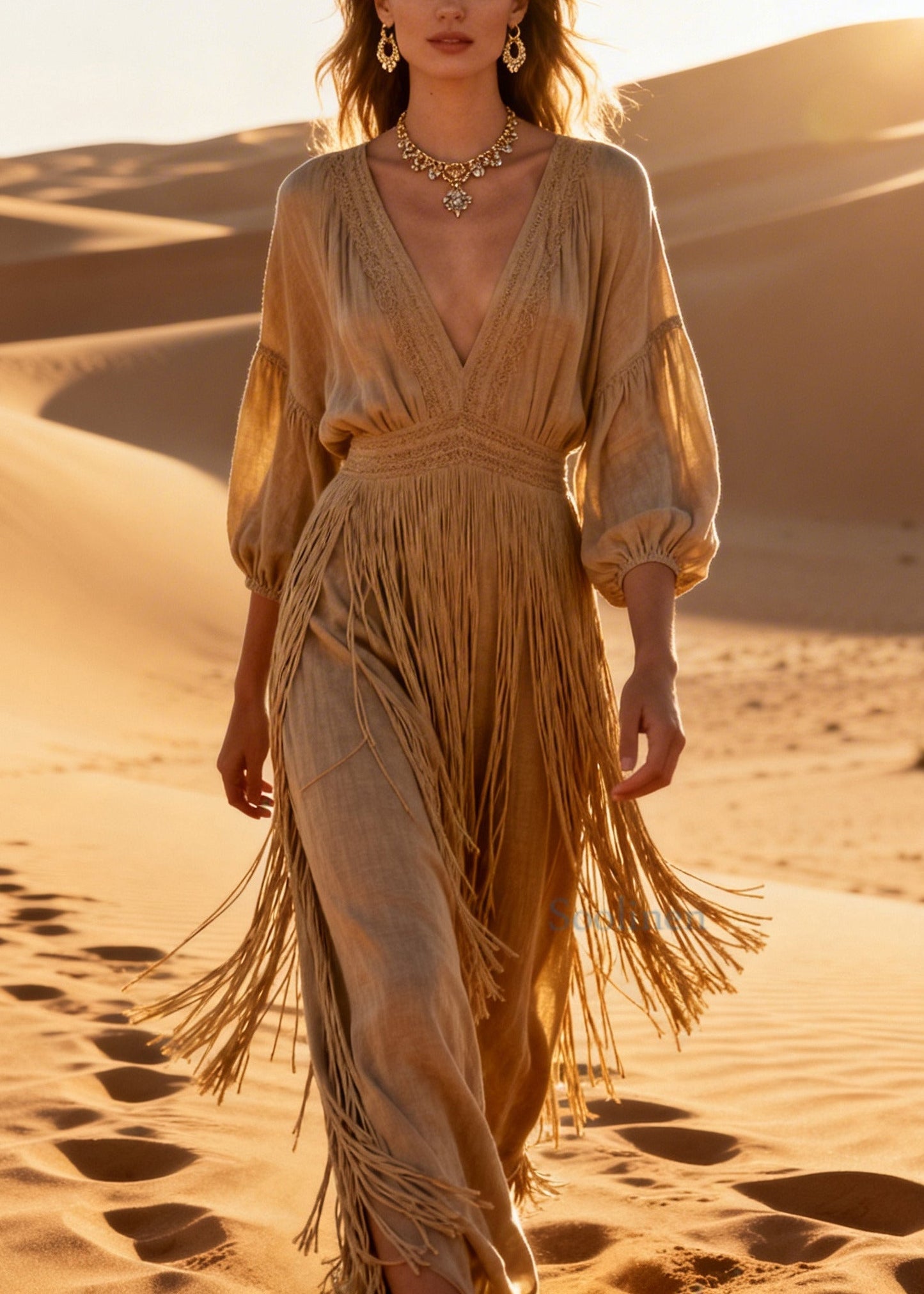 Simple Khaki V Neck Tasseled Cotton Maxi Dresses Bracelet Sleeve
