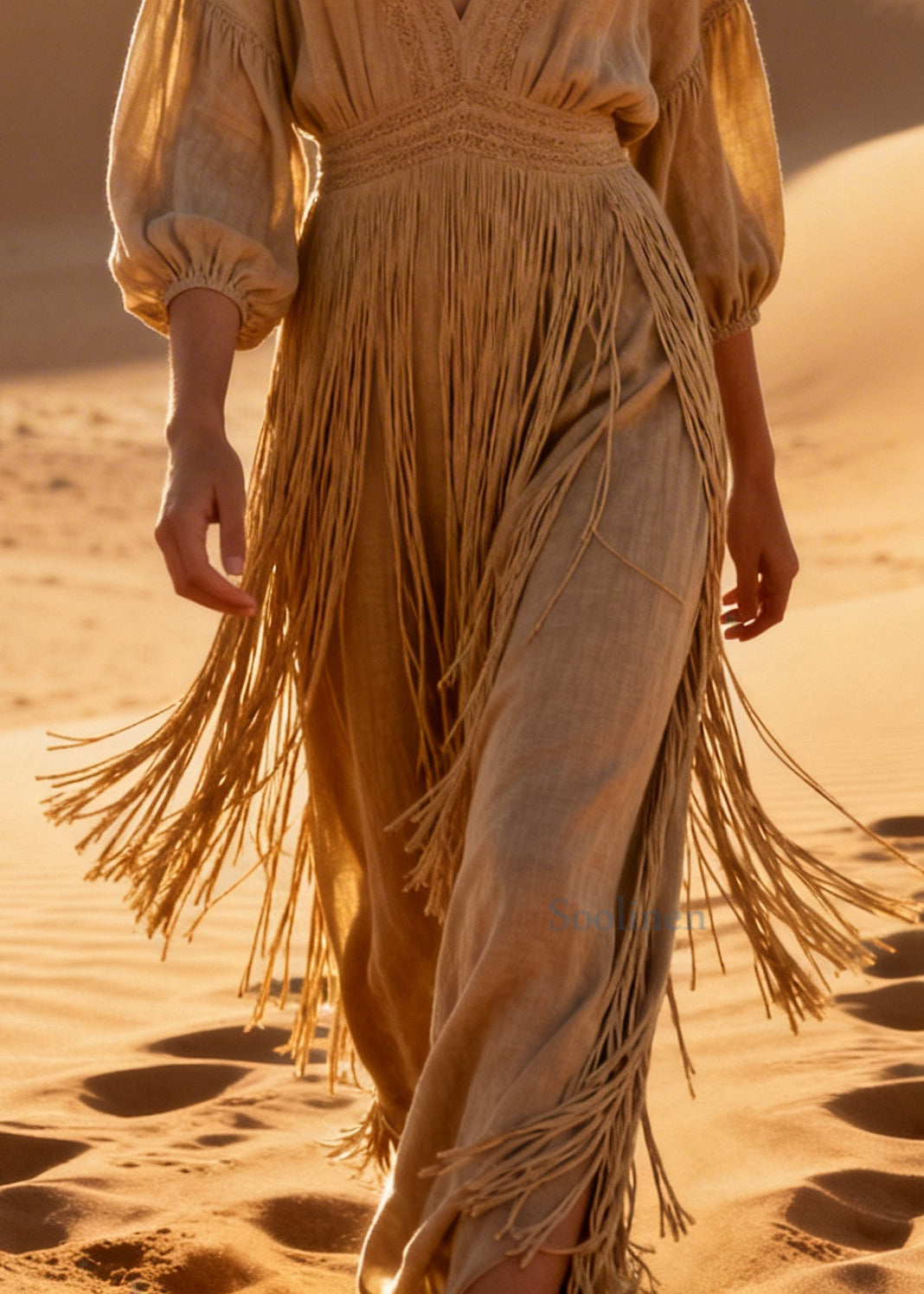 Simple Khaki V Neck Tasseled Cotton Maxi Dresses Bracelet Sleeve