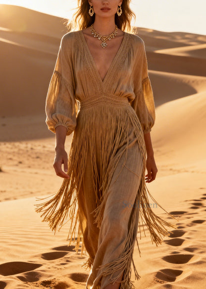 Simple Khaki V Neck Tasseled Cotton Maxi Dresses Bracelet Sleeve