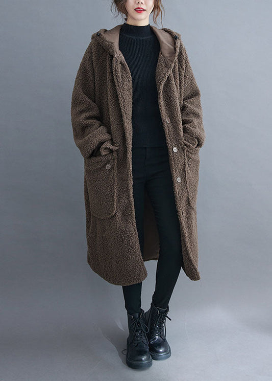 Simple Khaki hooded Pockets Button Winter Long sleeve parka