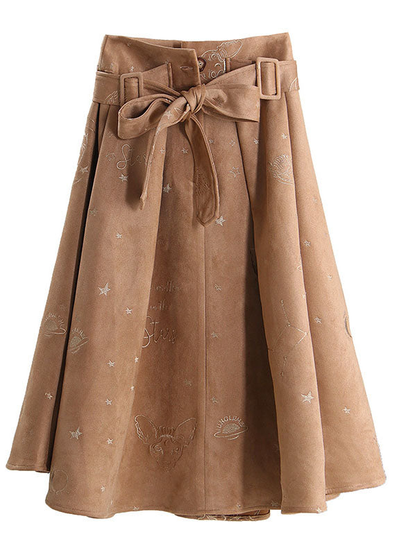 Einfache Khaki Krawatte Taille bestickte Cord Röcke Frühling