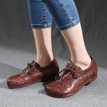 Simple Lace Up Flat Feet Shoes Black Cowhide Leather Hollow Out Penny Loafers - SooLinen