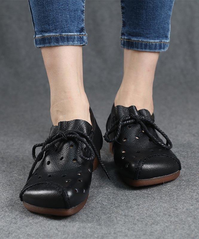 Simple Lace Up Flat Feet Shoes Black Cowhide Leather Hollow Out Penny Loafers - SooLinen