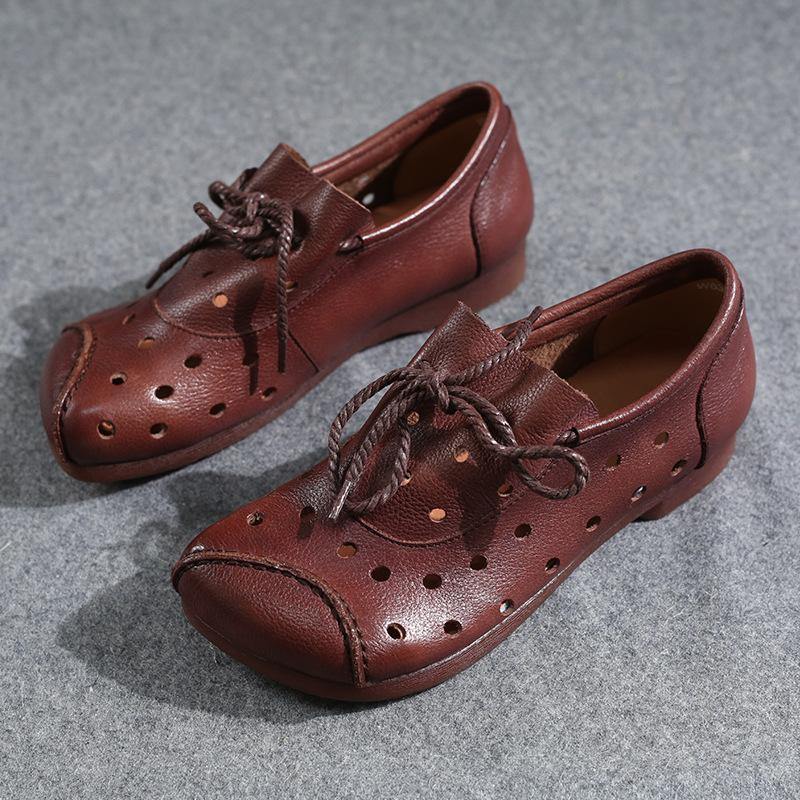 Simple Lace Up Flat Feet Shoes Black Cowhide Leather Hollow Out Penny Loafers - SooLinen