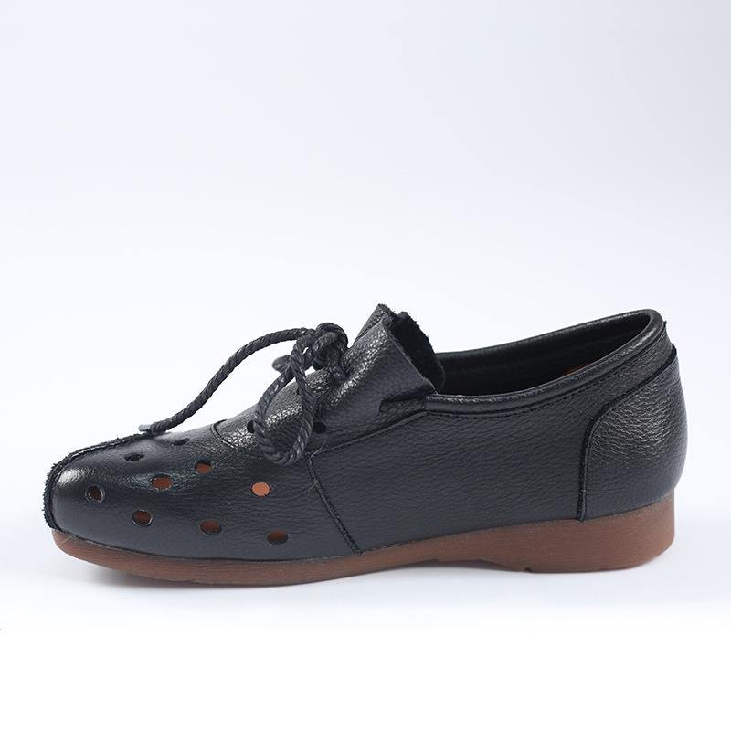 Simple Lace Up Flat Feet Shoes Black Cowhide Leather Hollow Out Penny Loafers - SooLinen
