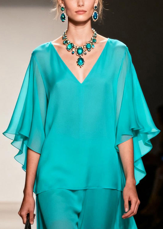 Simple Lake Green Oversized Patchwork Chiffon Fake Two Piece Dresses Summer