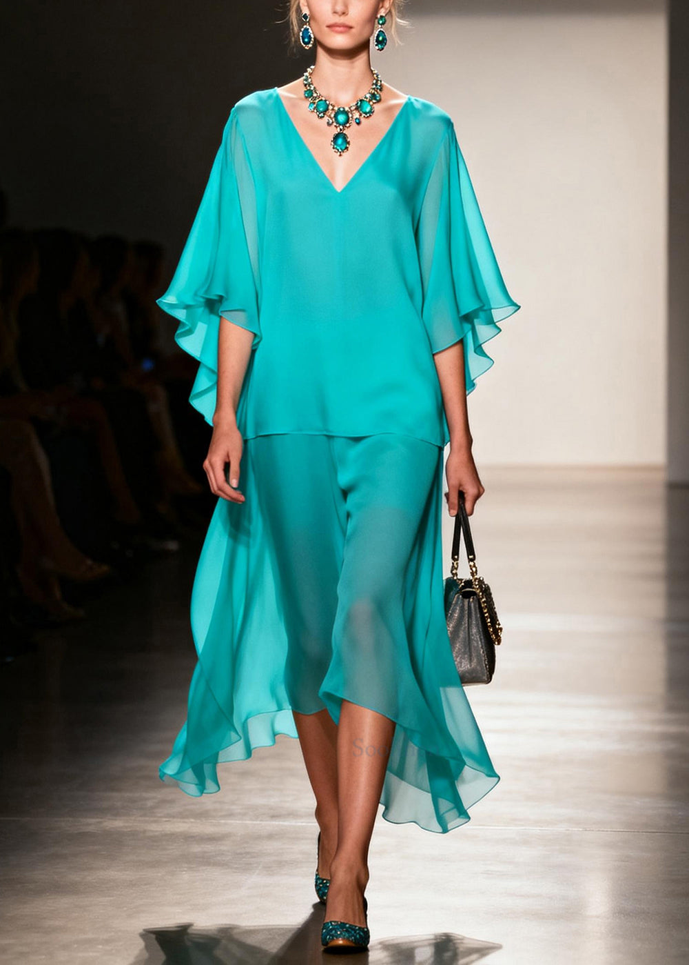Simple Lake Green Oversized Patchwork Chiffon Fake Two Piece Dresses Summer
