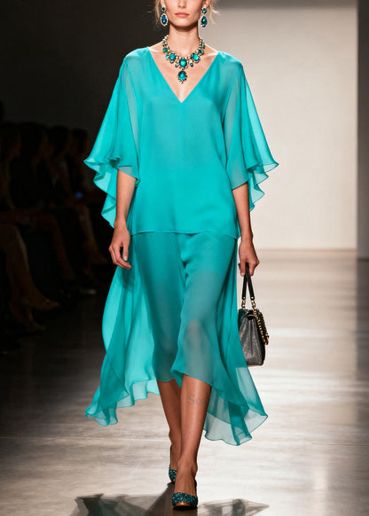 Simple Lake Green Oversized Patchwork Chiffon Fake Two Piece Dresses Summer