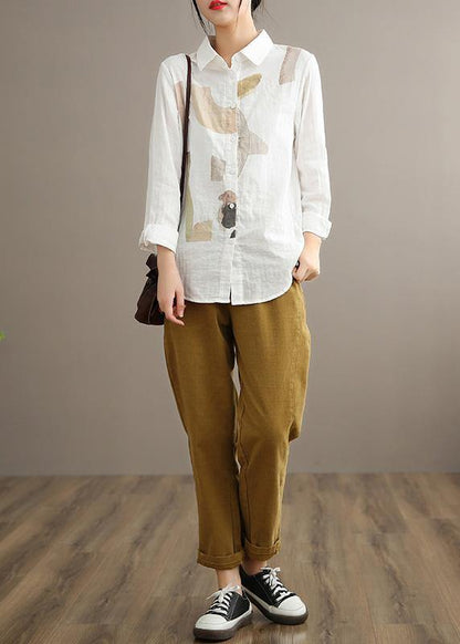 Simple Lapel Cinched Spring Clothes Khaki Print Top - SooLinen
