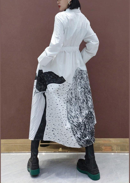 Simple Lapel Drawstring Spring Dresses Work Outfits White Print A Line Dress - SooLinen