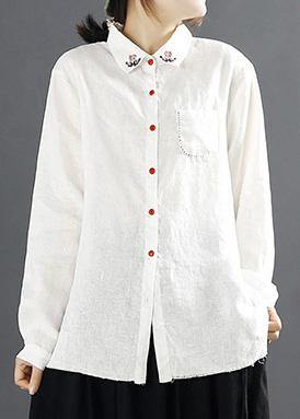 Simple Lapel Embroidery top Pattern White Blouses - SooLinen