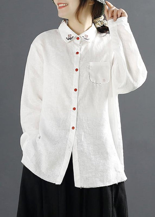 Simple Lapel Embroidery top Pattern White Blouses - SooLinen