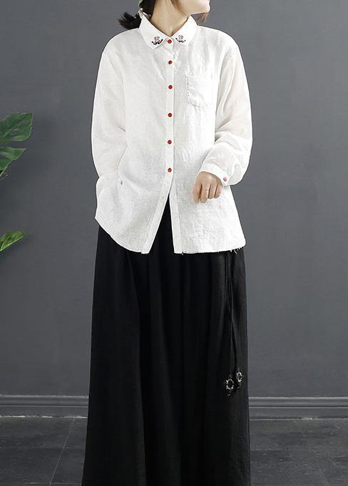 Simple Lapel Embroidery top Pattern White Blouses - SooLinen