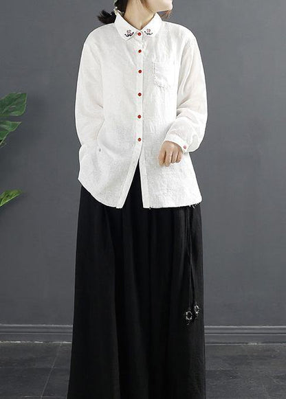 Simple Lapel Embroidery top Pattern White Blouses - SooLinen