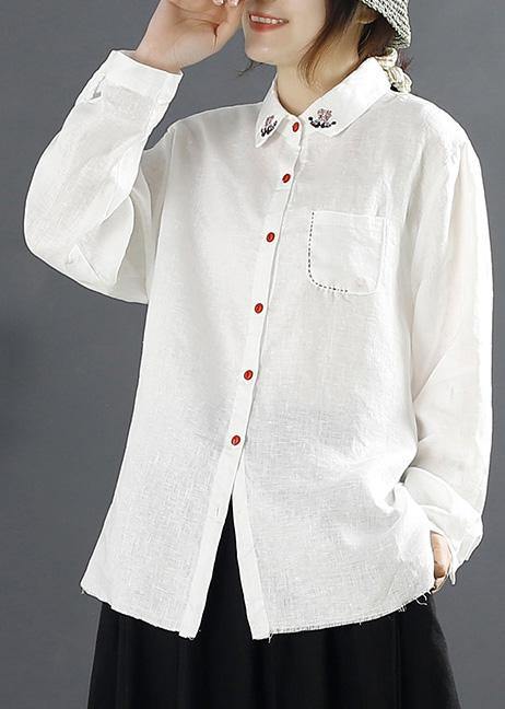 Simple Lapel Embroidery top Pattern White Blouses - SooLinen