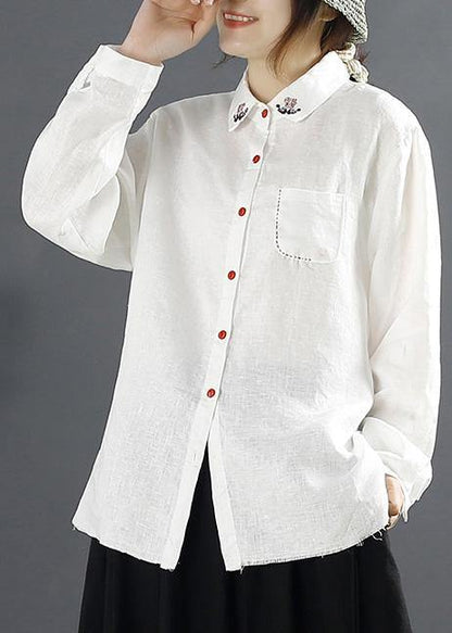 Simple Lapel Embroidery top Pattern White Blouses - SooLinen
