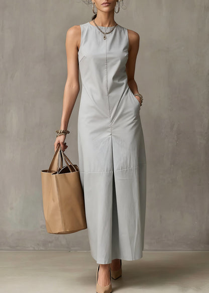 Simple Light Blue Pockets Solid Cotton Long Dresses Sleeveless