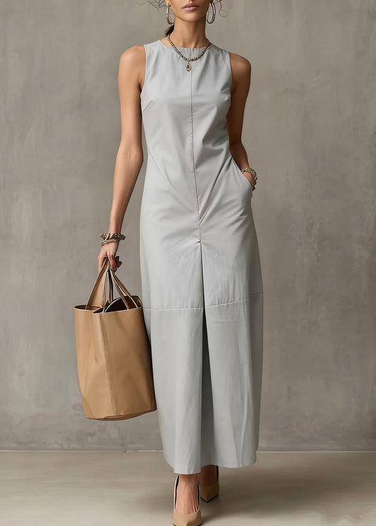 Simple Light Blue Pockets Solid Cotton Long Dresses Sleeveless