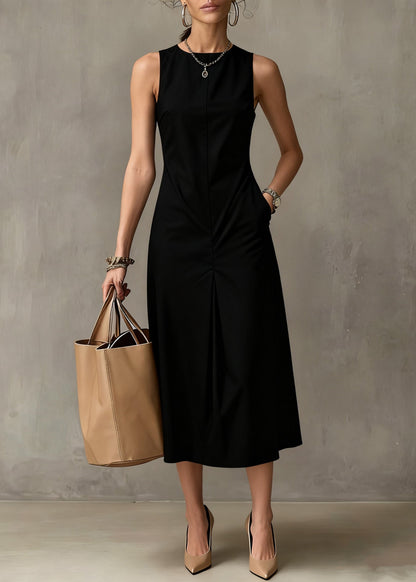 Simple Light Blue Pockets Solid Cotton Long Dresses Sleeveless