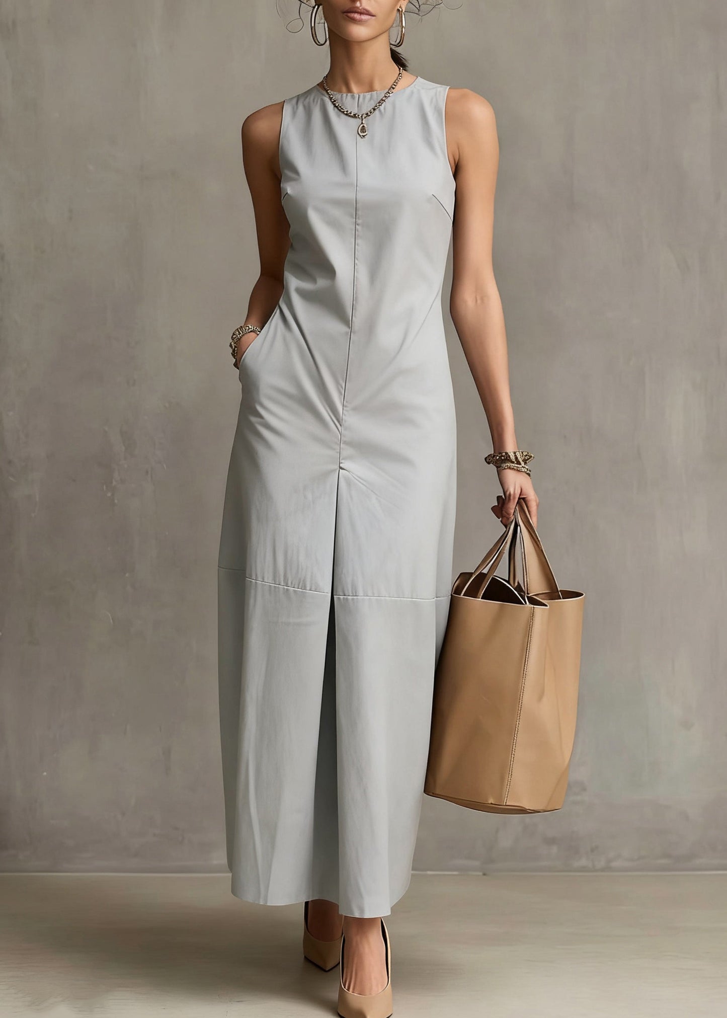 Simple Light Blue Pockets Solid Cotton Long Dresses Sleeveless