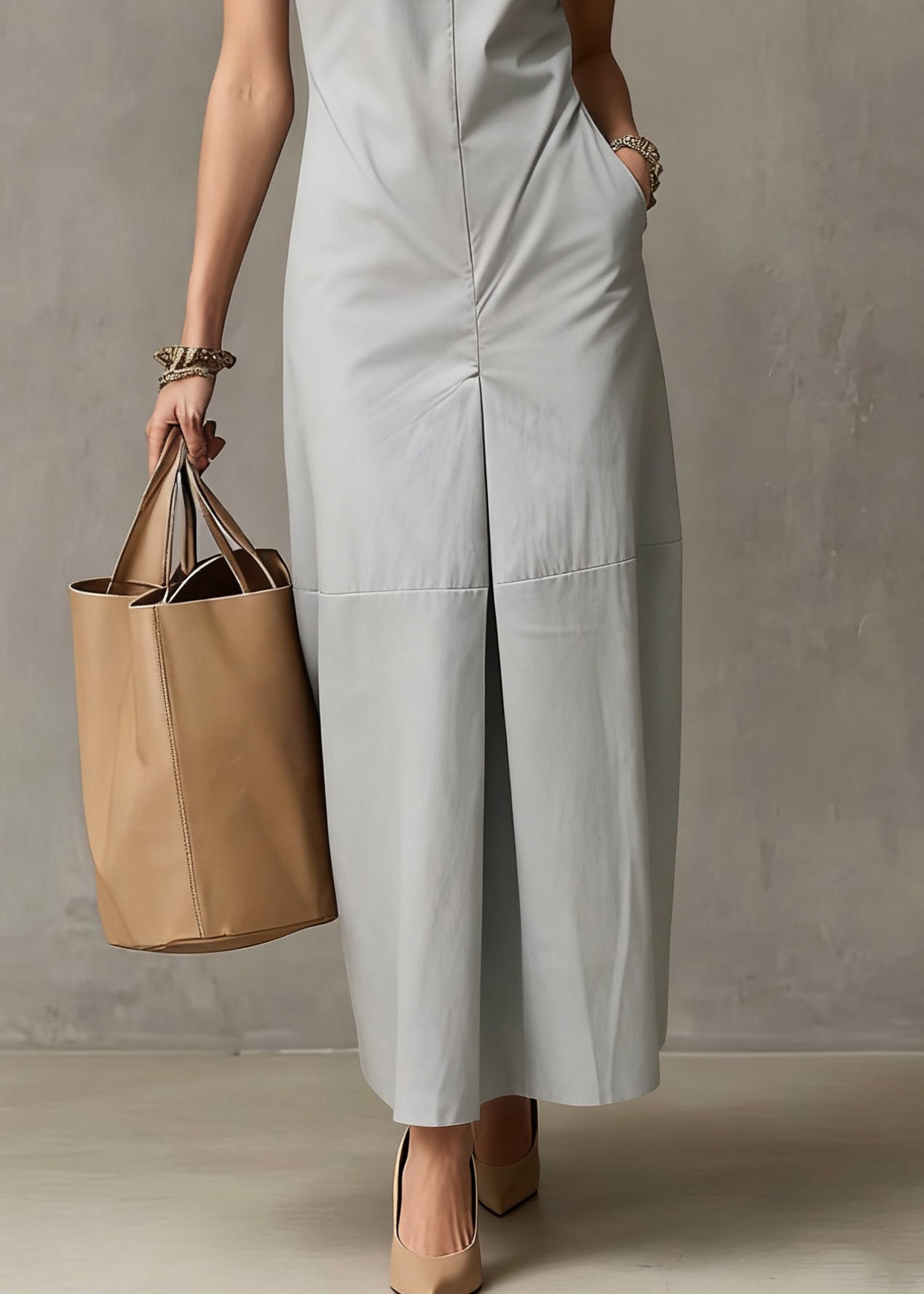 Simple Light Blue Pockets Solid Cotton Long Dresses Sleeveless