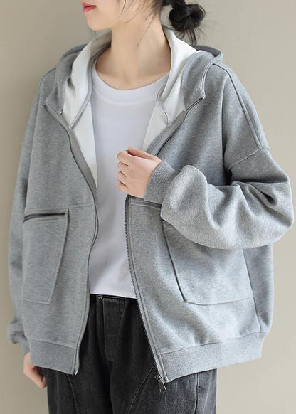 Simple Light Gray Fashion Coat For Woman Tops Hooded Zip Up Spring Coats - SooLinen