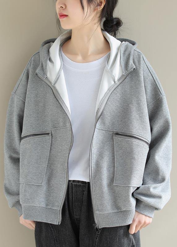 Simple Light Gray Fashion Coat For Woman Tops Hooded Zip Up Spring Coats - SooLinen