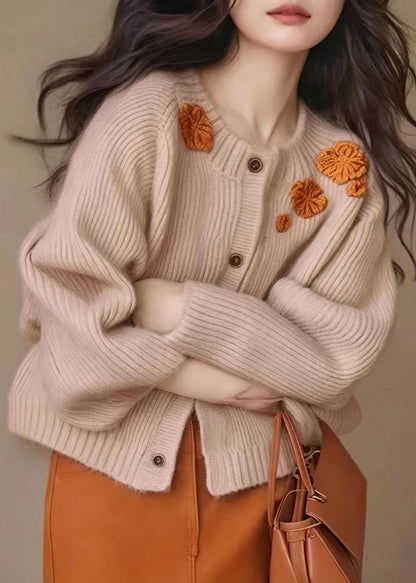Simple Light Pink Embroidered Floral Knit Cardigan Fall