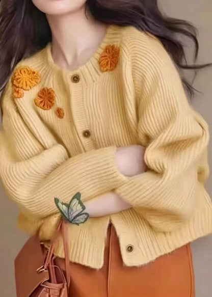 Simple Light Pink Embroidered Floral Knit Cardigan Fall