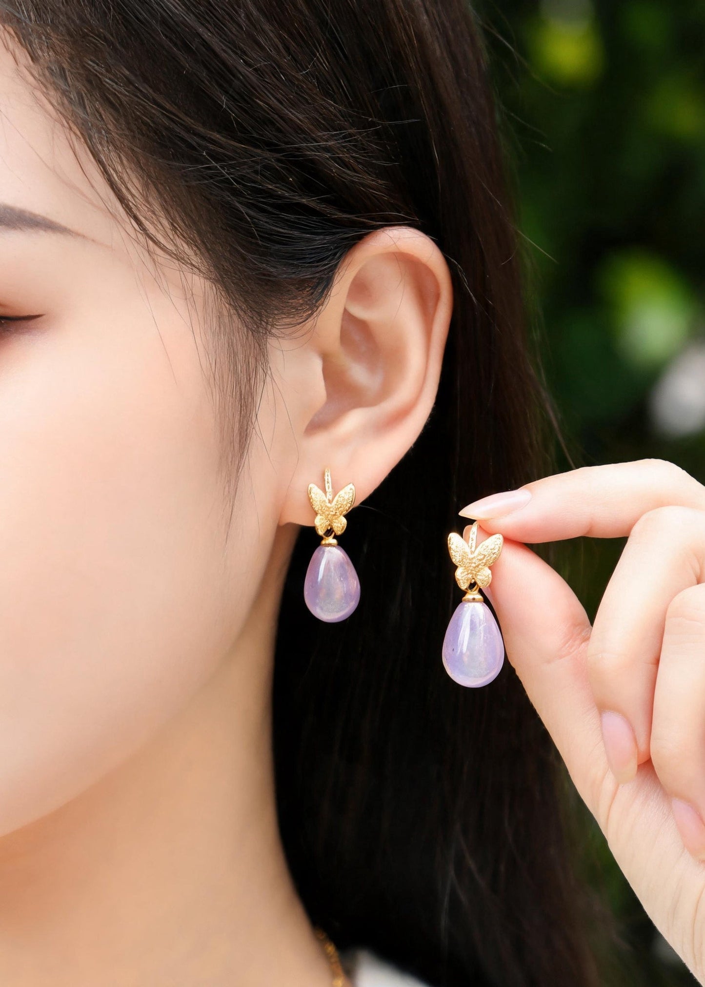 Simple Light Purple Crystal Gloden Butterfly Metal Drop Earrings