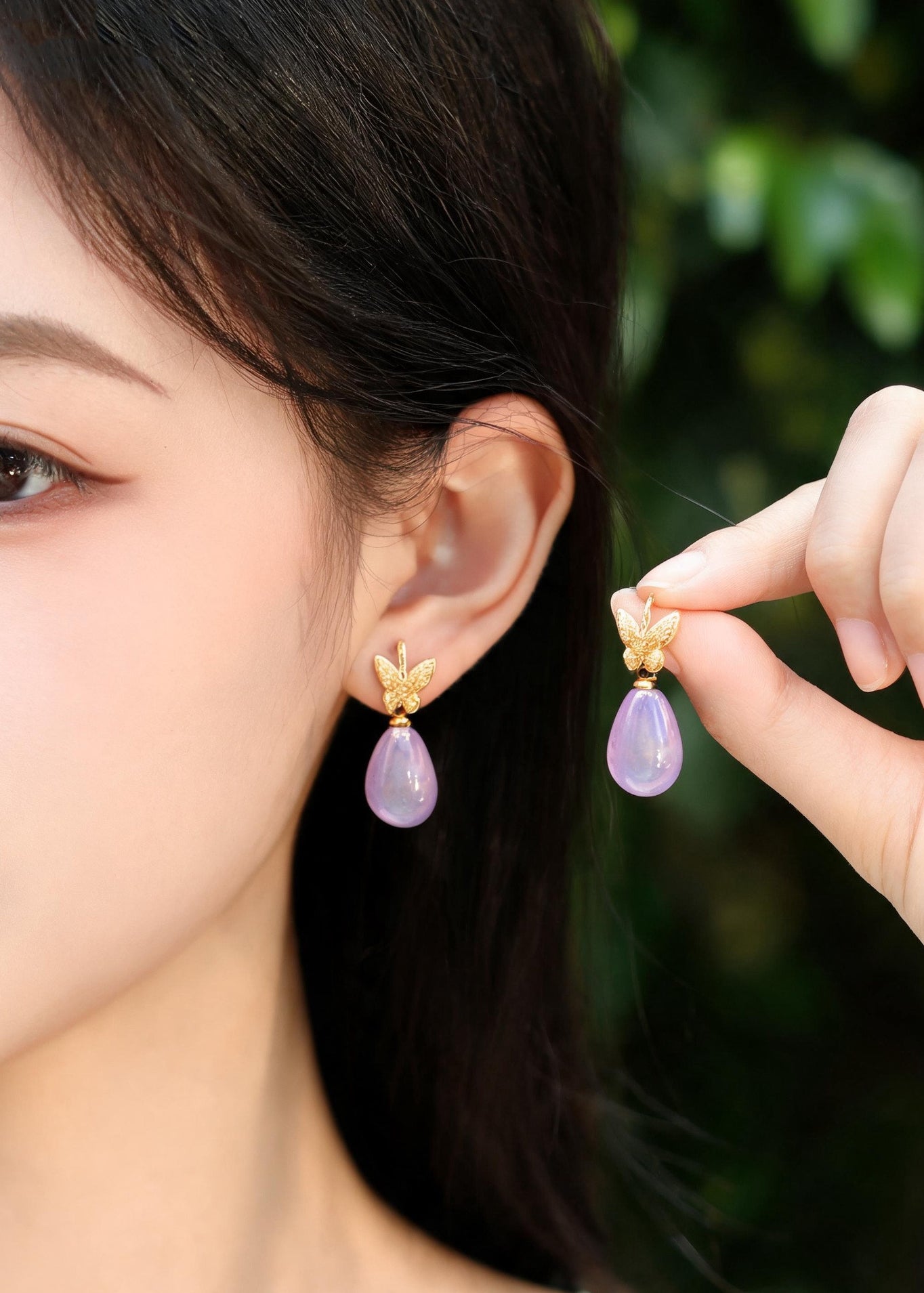 Simple Light Purple Crystal Gloden Butterfly Metal Drop Earrings