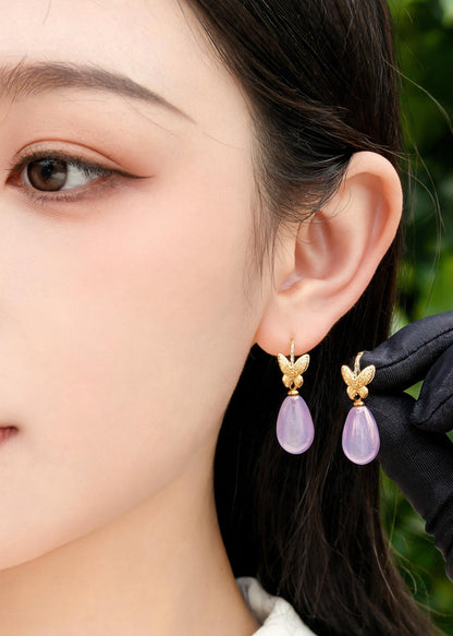 Simple Light Purple Crystal Gloden Butterfly Metal Drop Earrings
