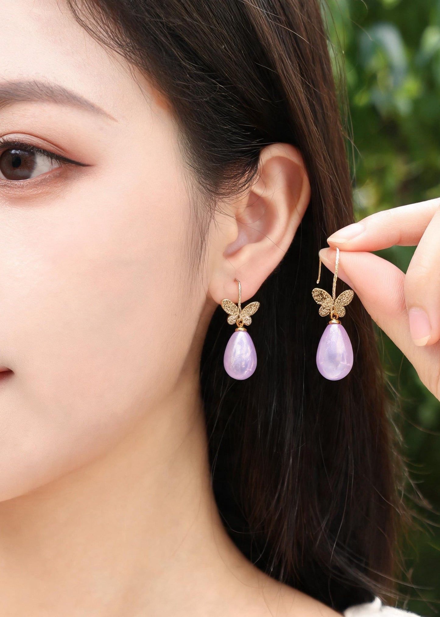 Simple Light Purple Crystal Gloden Butterfly Metal Drop Earrings