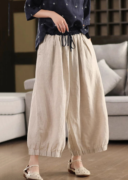 Simple Linen Pockets Elastic Waist Linen Wide Leg Pants Summer