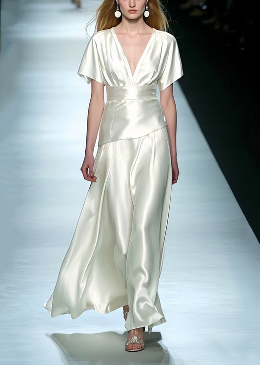 Simple Milk White Exra Large Hem Draping Silk Party Dress Summer