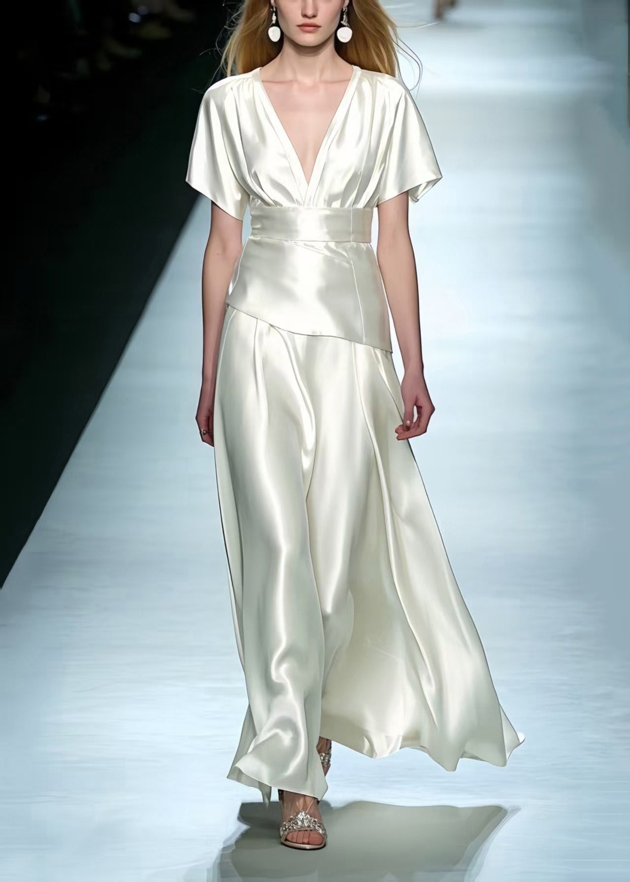 Simple Milk White Exra Large Hem Draping Silk Party Dress Summer