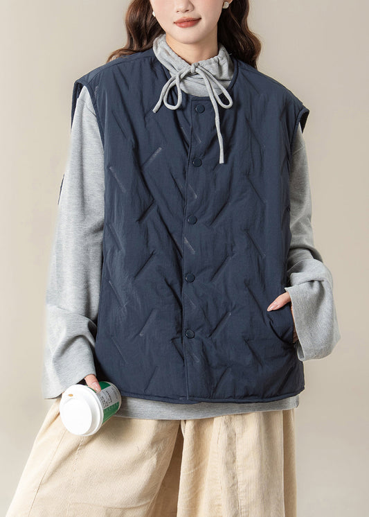 Simple Navy Button Pockets Cotton Filled Waistcoat Sleeveless