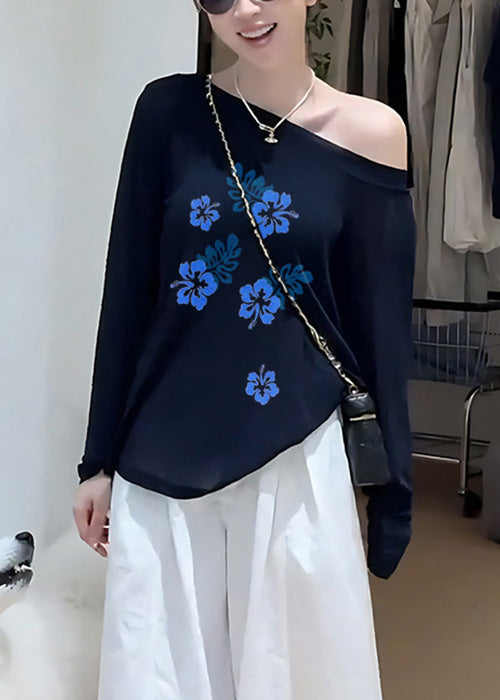 Simple Navy Cold Shoulder Print Cotton T Shirts Spring