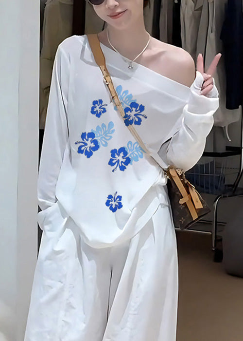 Simple Navy Cold Shoulder Print Cotton T Shirts Spring