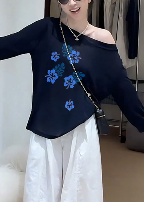 Camisetas sencillas de algodón con hombros descubiertos y estampado azul marino para primavera