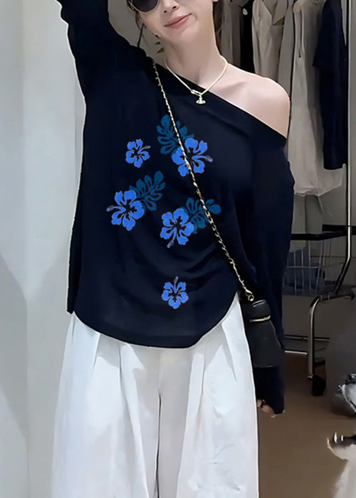 Camisetas sencillas de algodón con hombros descubiertos y estampado azul marino para primavera