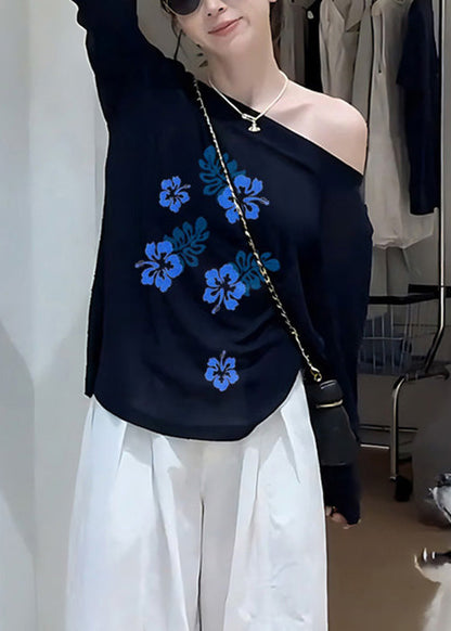 Camisetas sencillas de algodón con hombros descubiertos y estampado azul marino para primavera