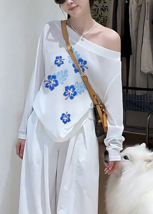 Camisetas sencillas de algodón con hombros descubiertos y estampado azul marino para primavera