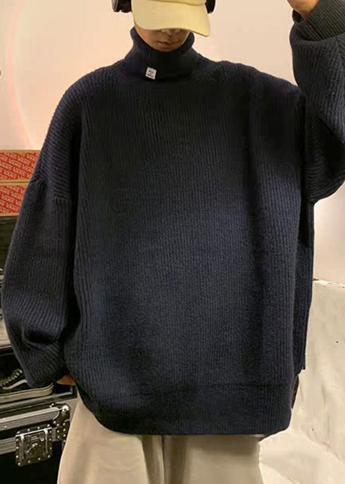 Simple Navy Cozy Solid Knit Sweaters Men