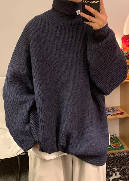 Simple Navy Cozy Solid Knit Sweaters Men