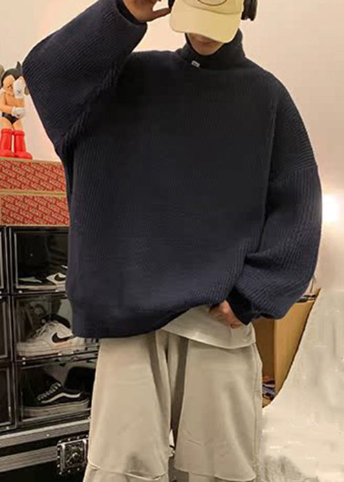 Simple Navy Cozy Solid Knit Sweaters Men