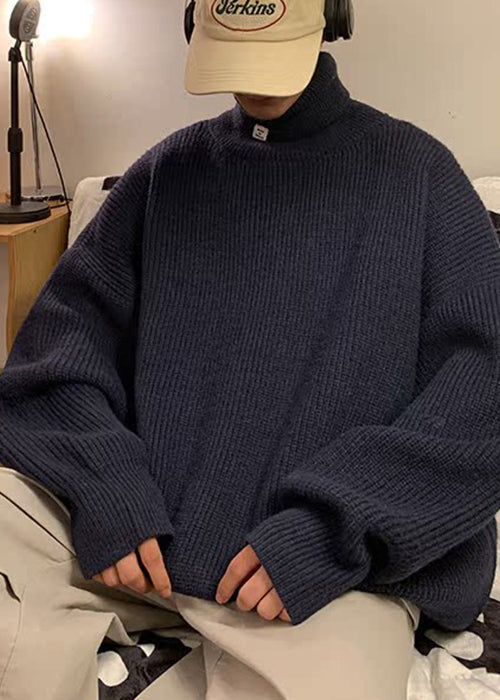 Simple Navy Cozy Solid Knit Sweaters Men